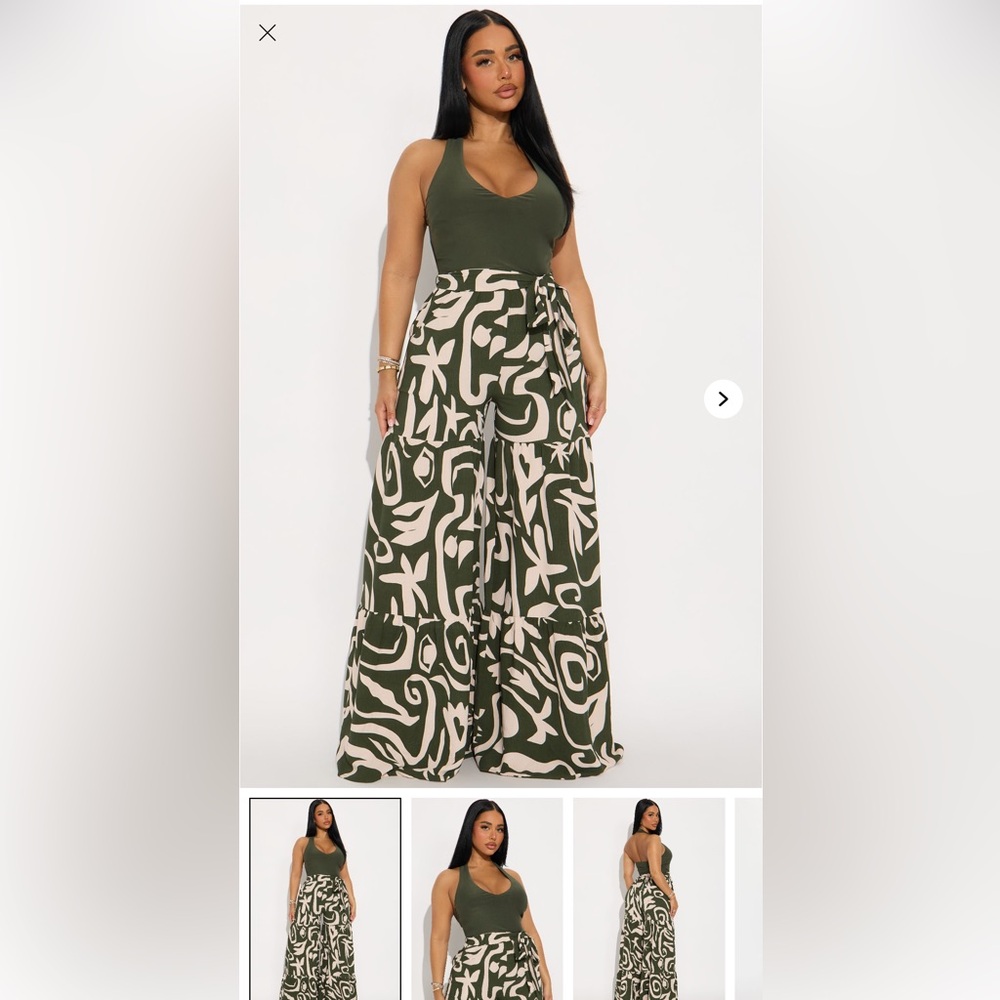 Stylish Green and Cream Women's Wide-Leg Pants - Picture 3 of 3